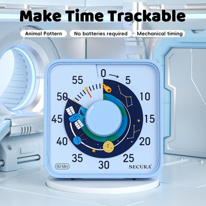 Secura 7.5-Inch Rocket Pattern Visual Timer for Kids, 60-Minute Countdown Timer for Classroom or Kitchen, Durable Mechanical Timer Clock with Magnetic Backing (Blue)