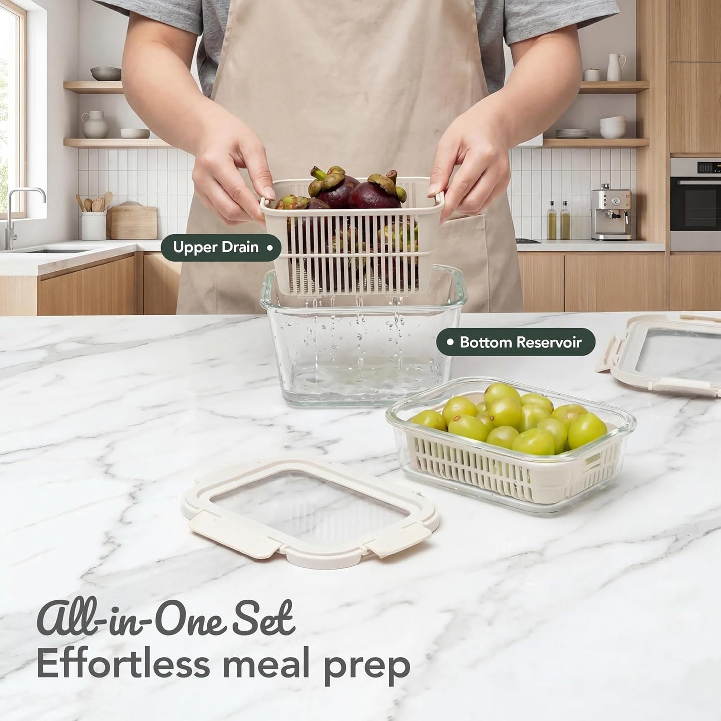 Glass Produce Storage Containers for Fridge, 2-Pack – Airtight Fruit & Vegetable Containers with Removable Colanders, Flexible Silicone Lids,LeakProof, BPA-Free Borosilicate Glass