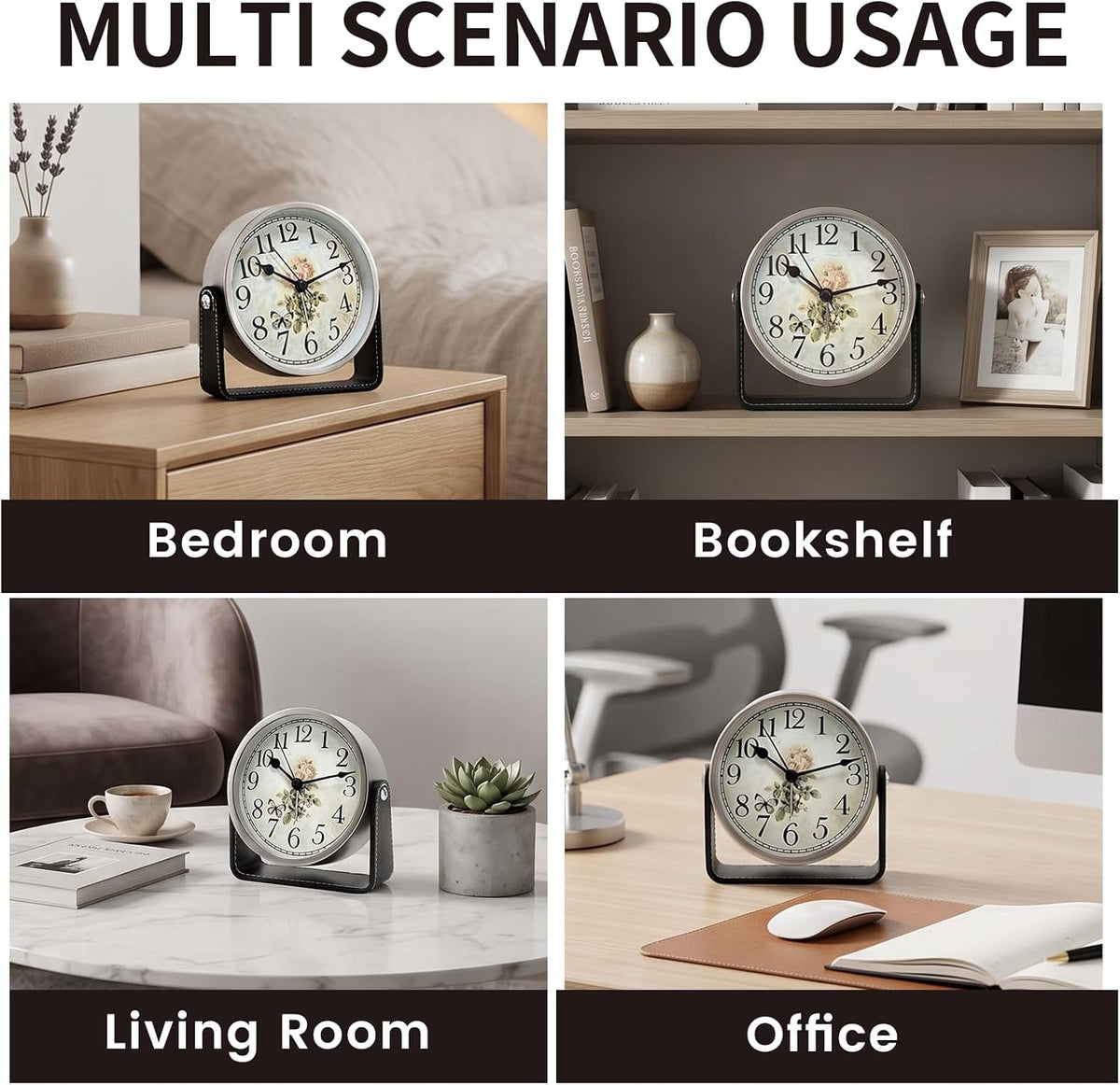Analog Alarm Clock - 4.5" Silent Non Ticking Small Clock with Light, Rotatable Stand Metal Desk Clock Battery Operated, Simple Design for Living Room Decor/ Bedroom/Bedside/Shelf (Black & White)