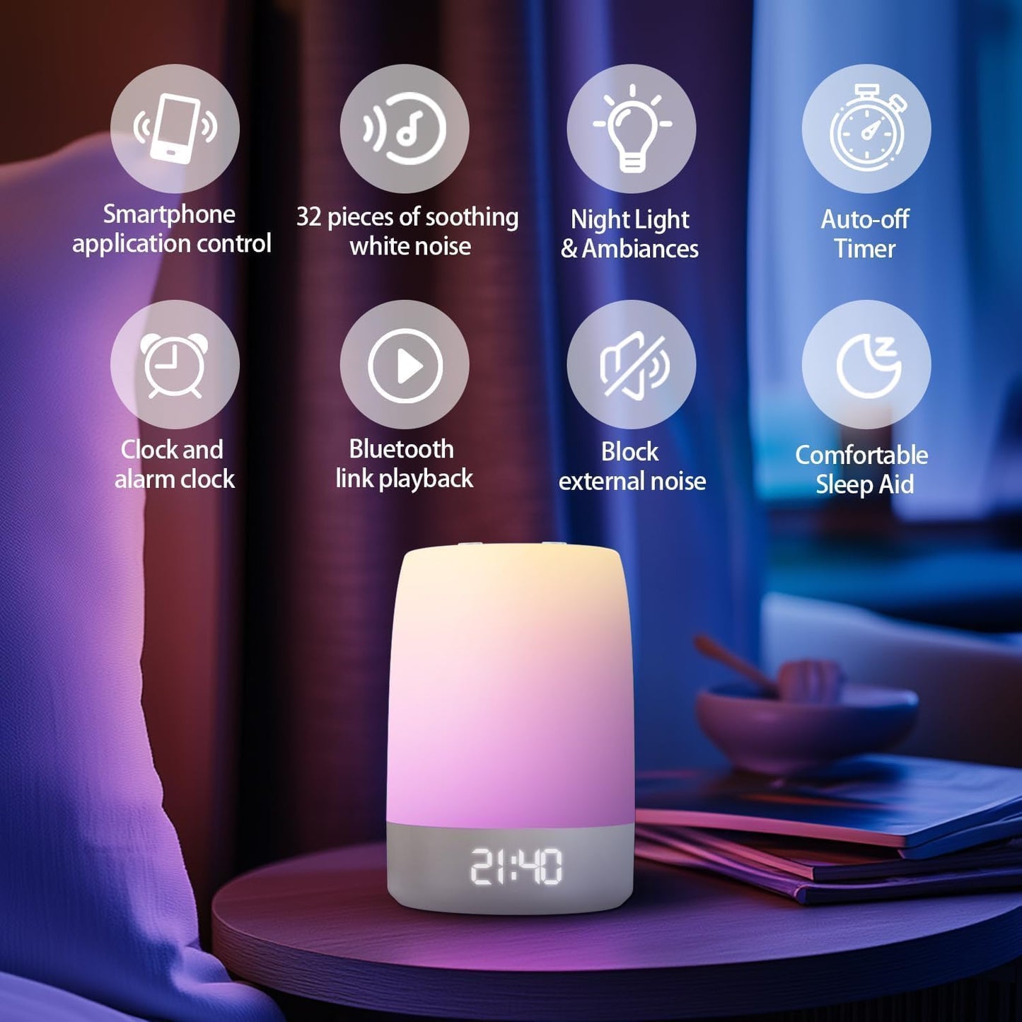 Teen Sound Machine White Noise Machine with 32 Soothing Sounds, Bluetooth Speaker Alarm Clocks for Bedrooms with Wake up Light, Night Light for Kids, Gifts for Teenage Girls Boys Women