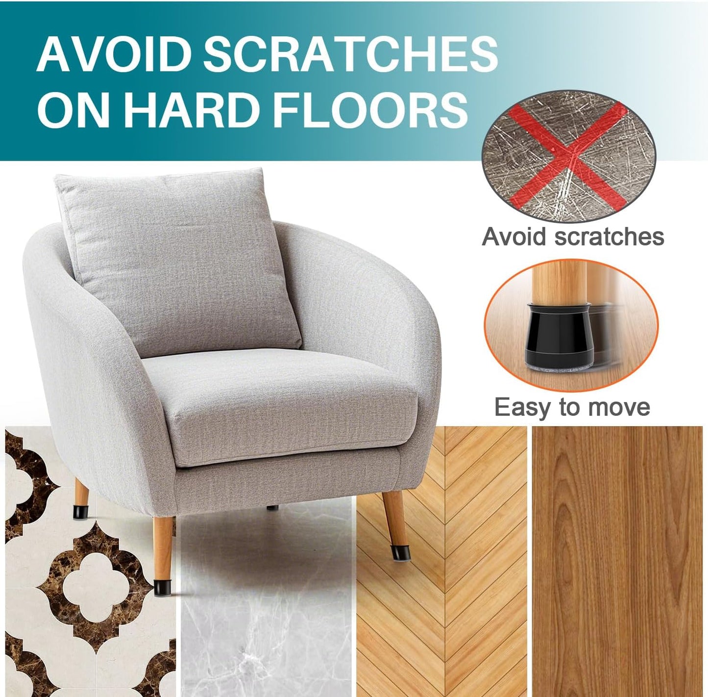 Ansible 24 Pcs Chair Leg Floor Protectors Square | Silicone Felt Furniture Leg Pads Caps Covers for Hardwood Floors (Fit:1-1/16" to 1-5/8")
