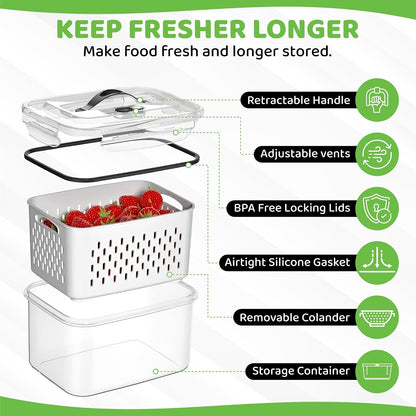3 Pack Fridge Organizer for Fruit – Fruit Containers for Fridge with Removable Colander, BPA-Free Plastic Produce Keepers for Berry & Meat, Keeps Food Fresh Longer