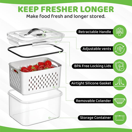 3 Pack Fridge Organizer for Fruit – Fruit Containers for Fridge with Removable Colander, BPA-Free Plastic Produce Keepers for Berry & Meat, Keeps Food Fresh Longer