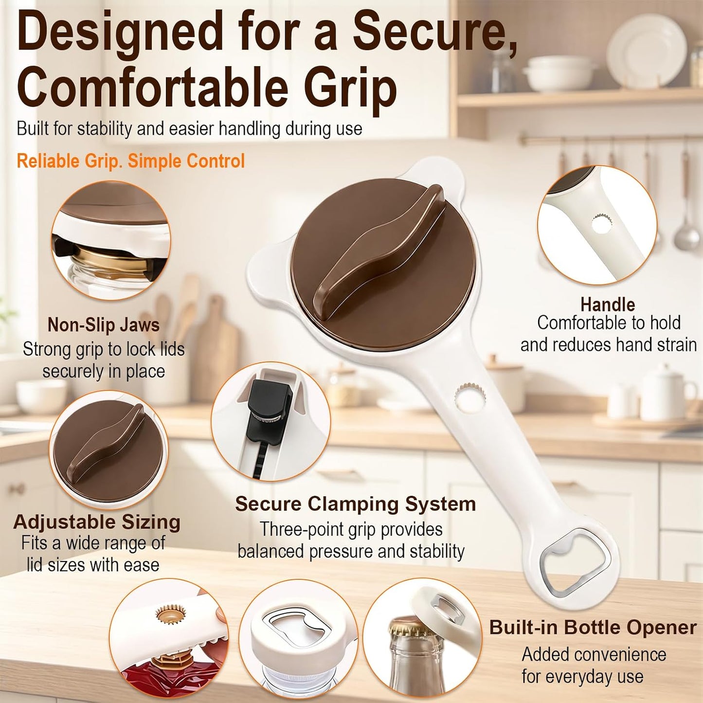4 in 1 Adjustable Jar Opener with Non-Slip Claws, Bottle Opener for Seniors | Ideal for seniors, arthritis sufferers and weak-handed users. Lid remover, Beer bottle opener, water bottle opener