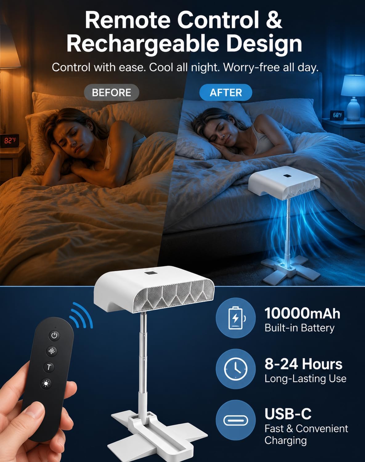 Bed Fan Under Sheets, Bed Fans for Cooling and Sleep Under Sheets, Rechargeable Cordless Bed Cooling Fan System With Remote, Quiet & Height Adjustable, Fits all Mattress Heights