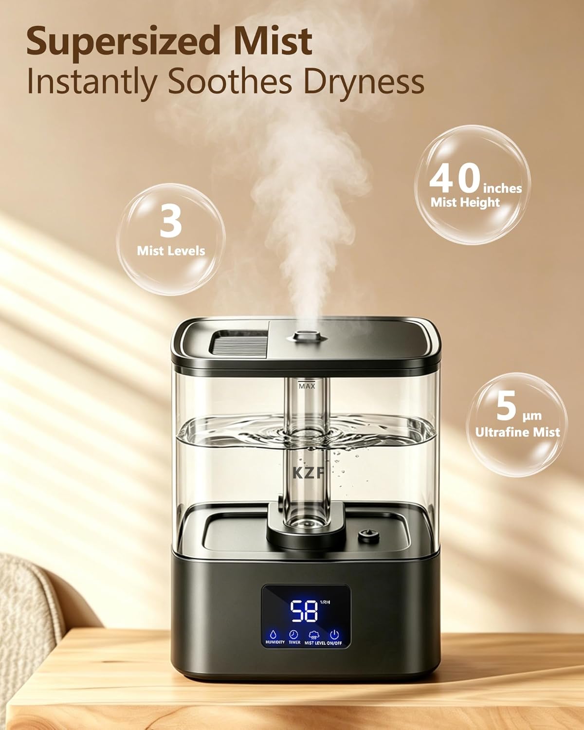 KZF Humidifiers for Bedroom, 4L Cool Mist Humidifier for Large Room, Black