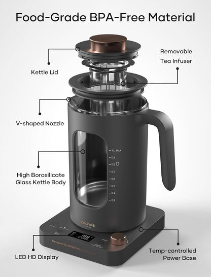 INTASTING Electric Kettle, Electric Tea Kettle with Infuser, 1 Liter | ±1℉ Temperature Control, 1200W Fast Heating, BPA-Free Glass, Easy to Clean, Keep-warm, Auto shut-off, Dark Gray