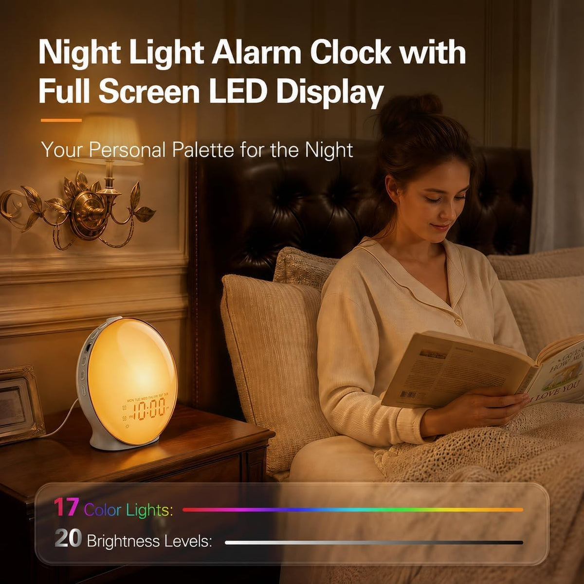 JALL Full-Screen Wake Up Light Sunrise Alarm Clocks for Bedrooms, White Noise Machine for Heavy Sleepers, 25 Natural Sounds, Dual Alarms, FM Radio, 17 Dimmable Colors, Bluetooth Speaker