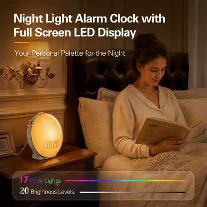 JALL Full-Screen Wake Up Light Sunrise Alarm Clocks for Bedrooms, White Noise Machine for Heavy Sleepers, 25 Natural Sounds, Dual Alarms, FM Radio, 17 Dimmable Colors, Bluetooth Speaker