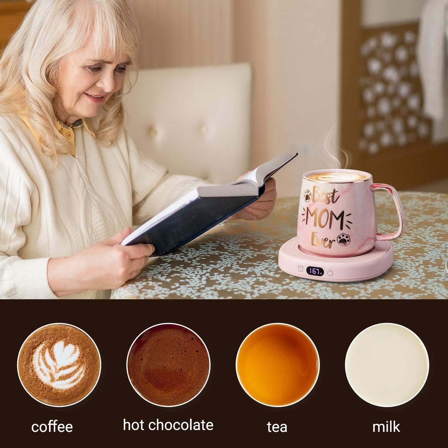 Coffee Mug Warmer & You are Awesome Mug Set, Electric Cup Warmer for Desk | Beverage Warmer Plate for Coffee, Tea, 4 Temperature Setting, 8-Hours Auto Shut Off, 14oz Mug with Spoon & Lid Included