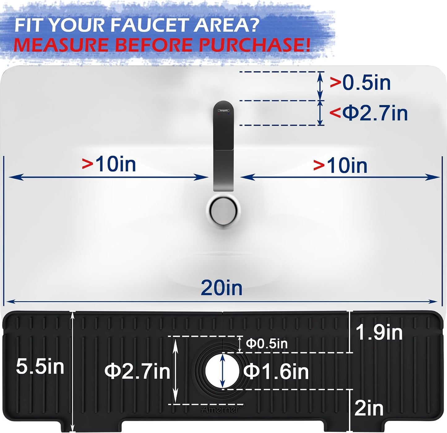 Kitchen Sink Splash Guard, 20IN Longer Silicone Faucet Guard & Draining Mat, Bathroom and Kitchen Sink Organizer, Sink Faucet Mat Water Splash Guard Behind Faucet Accessories Gadget, 20” x 5.5”, White