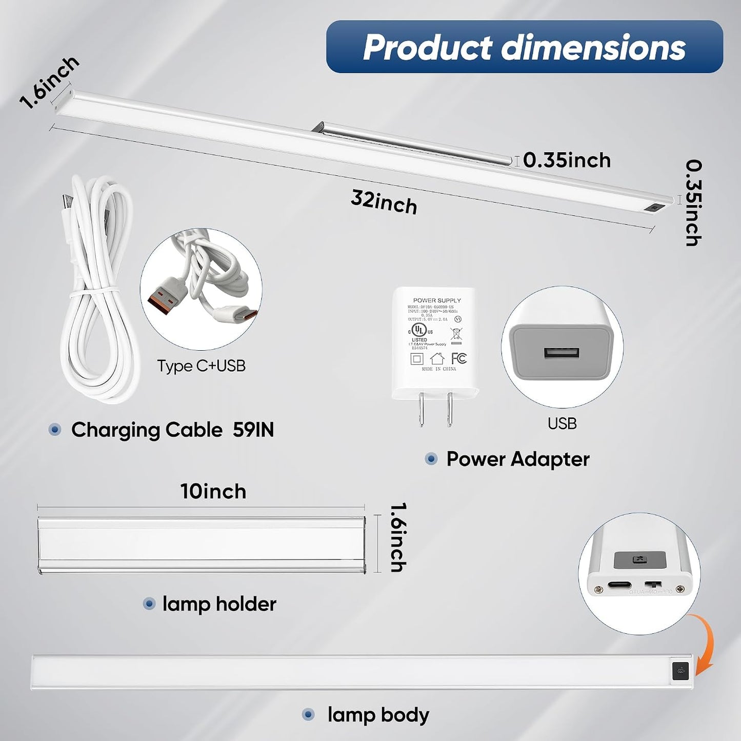 HEYAN 16inch Under Cabinet Lighting, Wall-Mounted Study Lights | 3 Color Temps&Dimmable Hand Sweep Sensor, 90° Rotatable ,Non-Rechargeable, Magnetic Under Closet Lights for Reading,Work