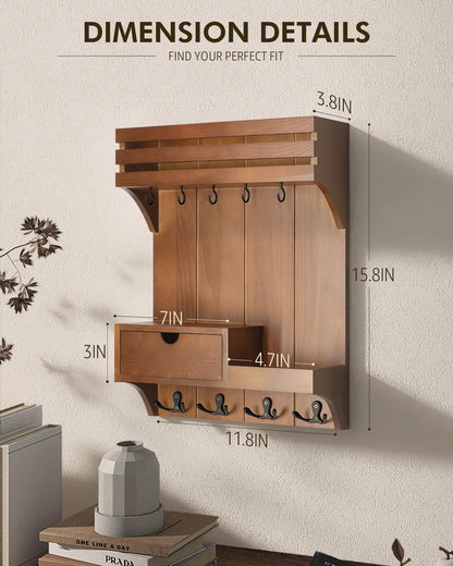 Rebee Vision Key Holder Wall Mount with Drawer Organizer for Entryway,Brown | Pine Wood, 6 Key Hooks, Display Shelf for Plants, Mail Slot for Storage Letter, Multi-Funtional Design, Home Storage