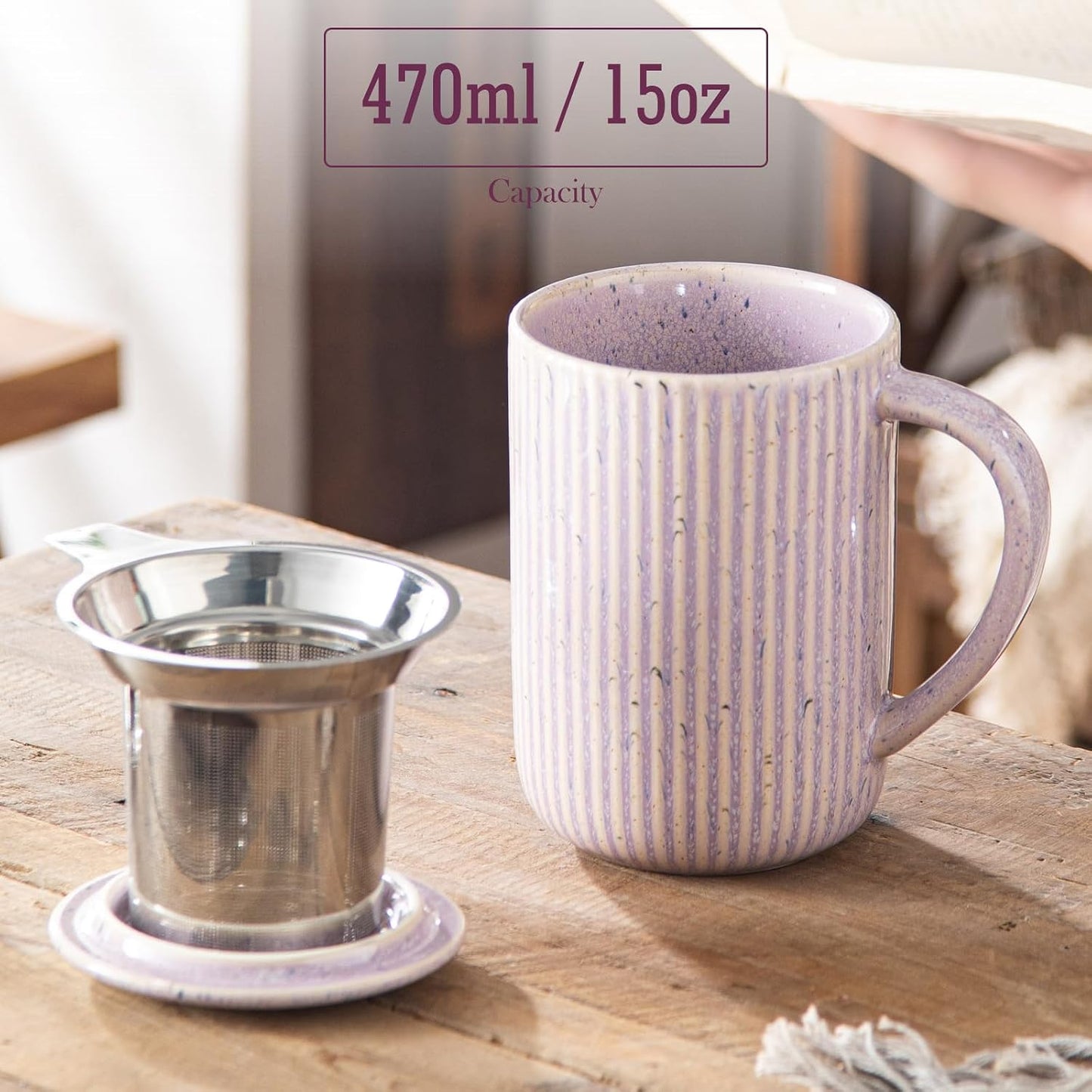 Yundu 15.5oz/470ml Flambe Purple Ceramics Teacups with Infuser and Lid, Loose Leaf Tea Cup
