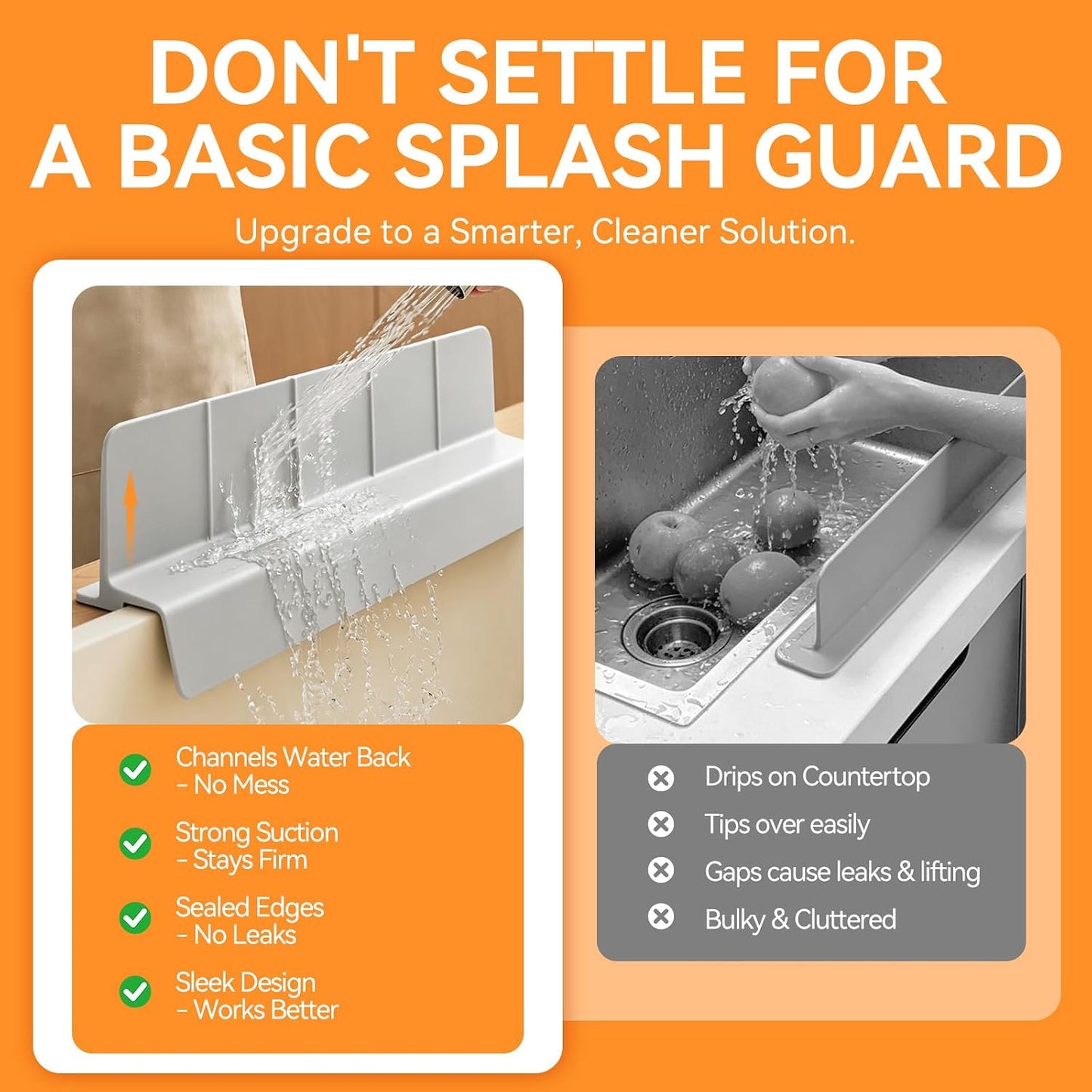 Silicone Splash Guard for Kitchen Sink, Self Draining Water Mat | Tall 3.5" Splash Wall , 22.8" Trimmable Design , 7 Strong Suction Cups , Dishwasher Safe , Flexible Water Barrier