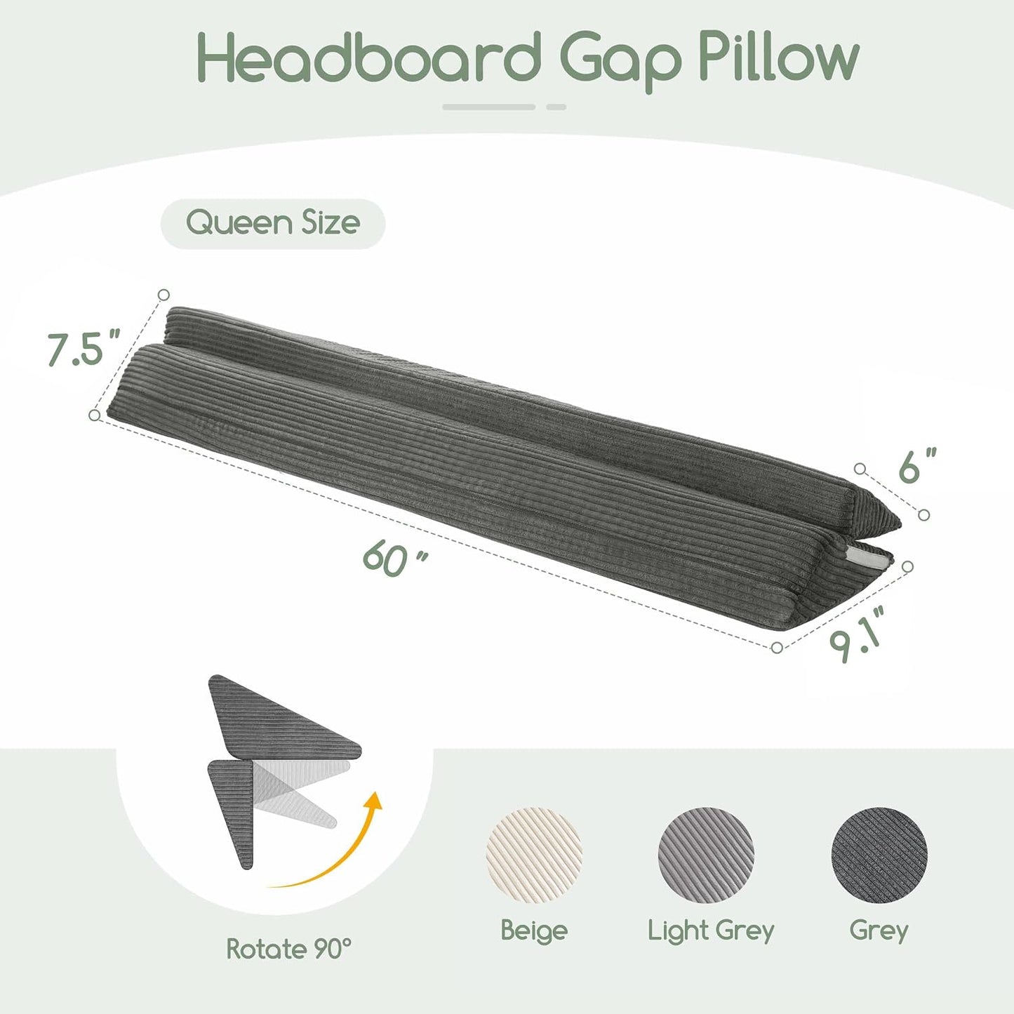 HIGOGOGO Queen Size Wedge Pillow for Headboard Gap - Multi Functional Mattress Wedge Bed Gap Filler Close The Gap (0-7") Between Your Mattress and Headboard or Wall (Grey 60"x11"x9")