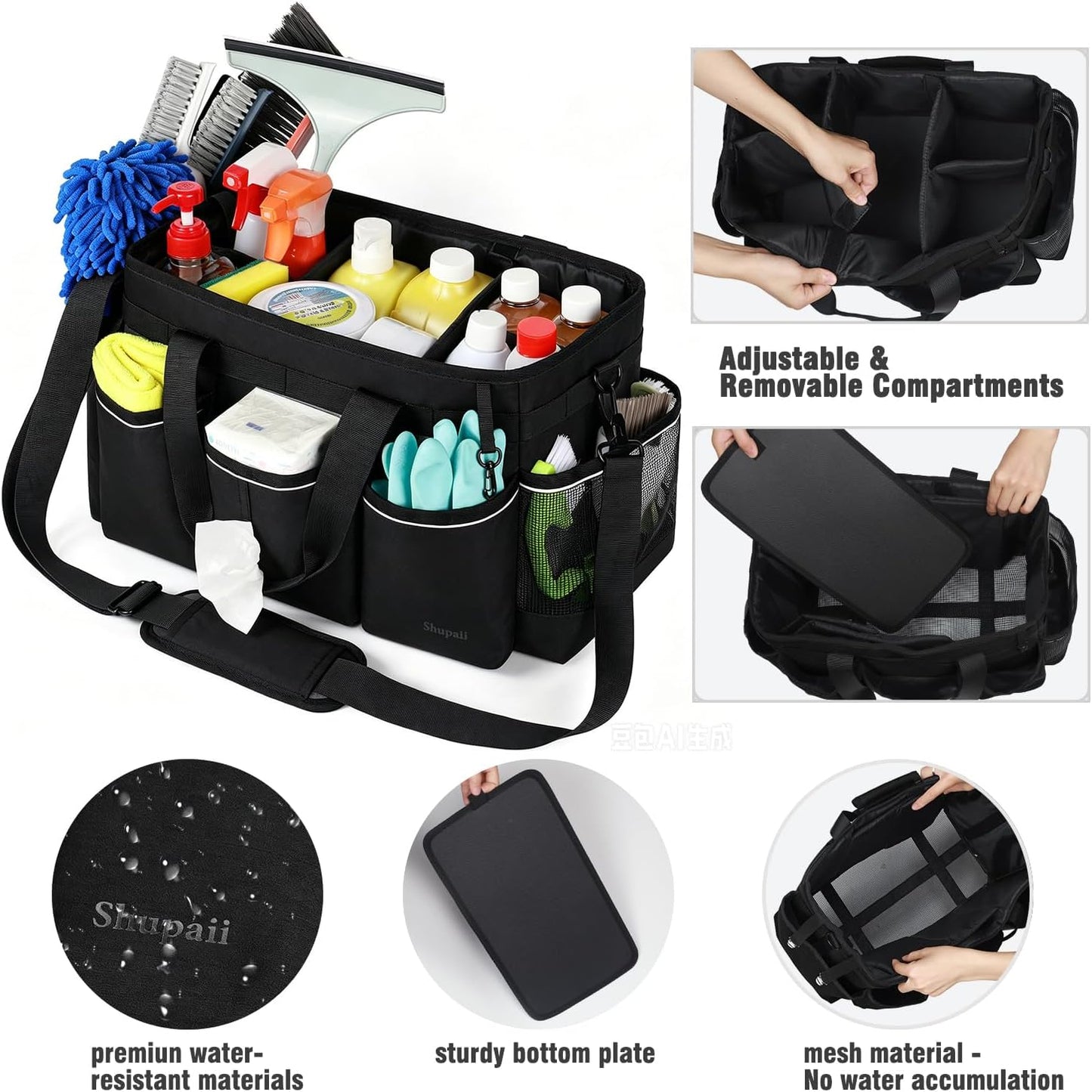 Wearable Cleaning Caddy Bag, Cleaning Caddy Supplies Organizer with Handles for Cleaners & Housekeeper, Under Sink & Car Cleaning Tool Organizers Bag with Adjustable Shoulder Strap&Waist Belt