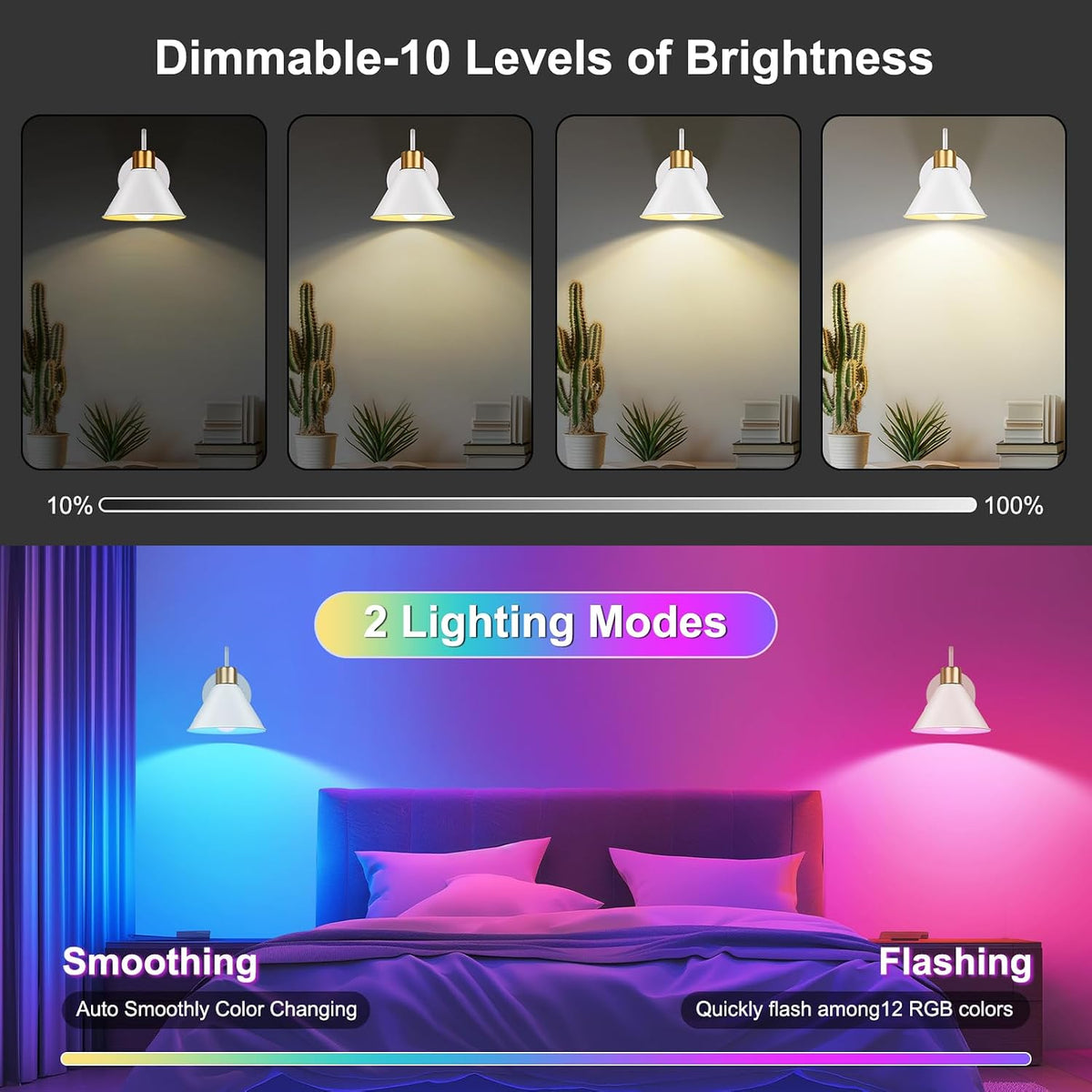 Frideko Rechargeable Wall Sconces Set of Two with Remote, RGB 15 Colors Dimmable Battery Operated Wall Lights for Living Room Bedroom, Indoor Black Wall Lamp with Timer Wireless