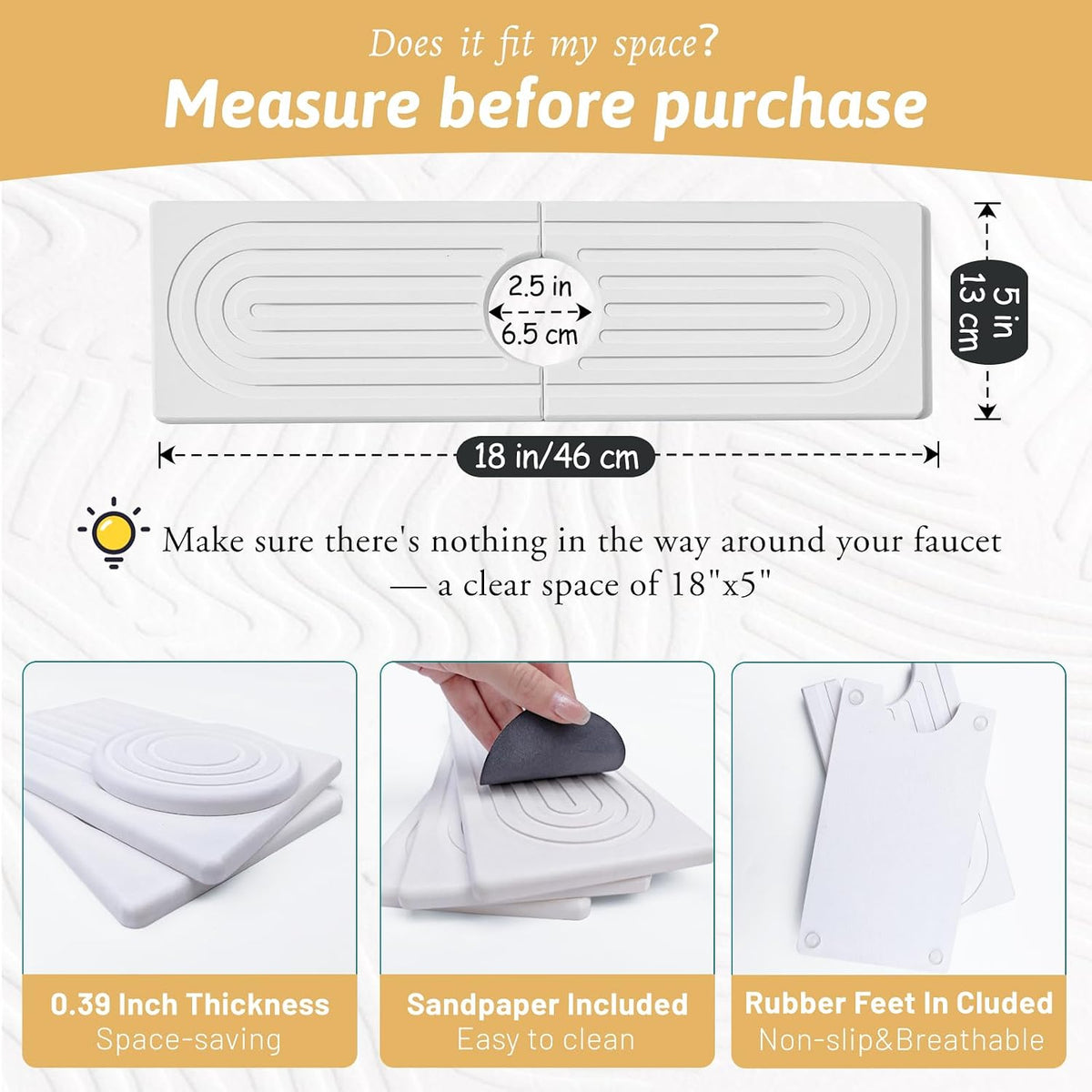 Faucet Mat for Kitchen Sink, 18" Wide Diatomite Fast Drying Stone Tray, Super Absorbent, Prevents Moisture Buildup, Faucet Water Splash Guard for Bathroom Counter, Sink Protector Gift for Mom, White