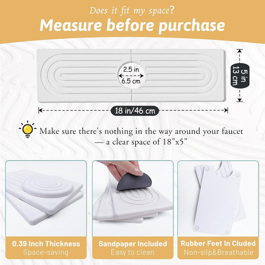 Faucet Mat for Kitchen Sink, 18" Wide Diatomite Fast Drying Stone Tray, Super Absorbent, Prevents Moisture Buildup, Faucet Water Splash Guard for Bathroom Counter, Sink Protector Gift for Mom, White