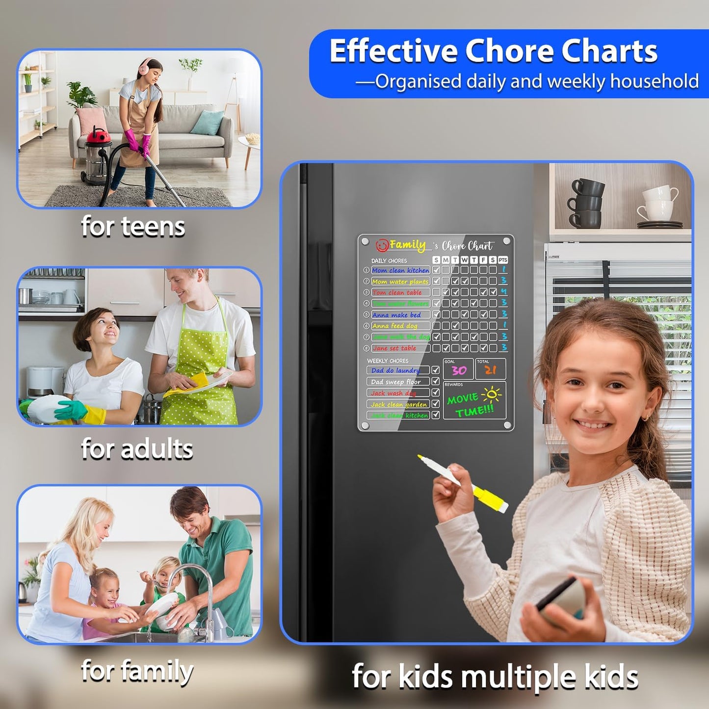 PigPotParty Acrylic Magnetic Chore Chart for Kids, 12x9.5 Inch, 2 Pack | Sleek Clear Acrylic Design, Reward System Builds Habits, Built-In Magnets Require No Installation, 8 Wet-Erase Markers