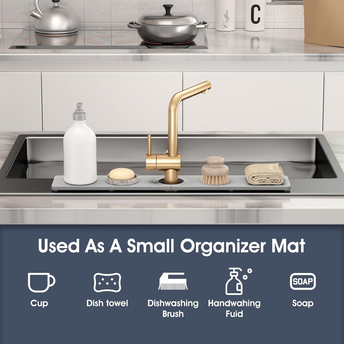 Quick Drying Stone Faucet Mat for Kitchen Sink - Diatomite Sink Mat Absorbing Stone Tray for Bathroom Counter, Sink Faucet Splash Guard Water Protector Matt for Kitchen Counter(White, 14" x 3.9")