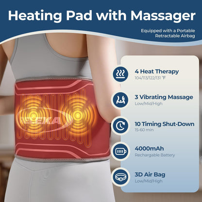 Heating Pad for Back, Cordless Lower Back Massager with Heat, Electric Heating Pad Wrap for Period Cramps Lower Back Neck Shoulders, 3 Heating Levels & 3 Massage Modes, Birthday Gifts for Women Men