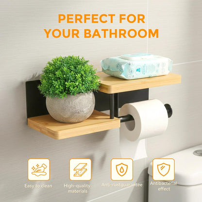 Toilet Paper Holder with Shelf, Wall Mount Toilet Paper Roll Holder with Wooden Shelf & Matte Black Stainless Steel Pipe, Bathroom Organizer for Roll Tissue, Phone, Wipes, Plant for Bathroom, Washroom
