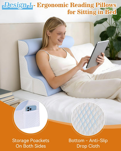 Reading Pillow for Sitting in Bed, Back Pillow for Sitting Up & Bed Wedge Pillow for Sleeping, Lumbar Rest & Neck Support Bed Pillows, Backrest Cushion for Reclining,Gaming,Resting,Watching TV