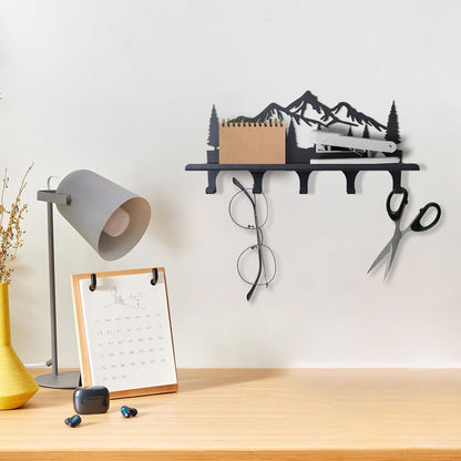 Key Holder for Wall, Metal Decorative Wall Mounted Mountain Key and Mail Holder with Shelf, 2 in 1 Key Hooks for Entryway, Front Door, Hallway, Key Organizer and Key Rack (10 Inches)
