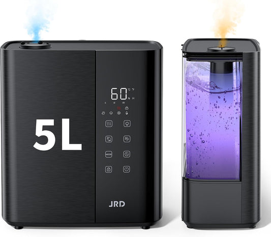 JRD Warm & Cool Mist Humidifiers for Bedroom 5L, Quiet Ultrasonic Air Humidifier Fast Symptom Relief, 50H Runtime, Oil Diffuser, 12H Timer, 7 Color Light for Large Room, Office, Baby, Plants-Black