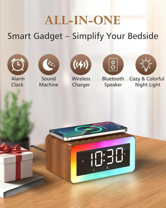 Alarm Clock for Bedroom, Wireless Charging, Bluetooth Speaker Sound Machine | Night Light, White/Brown Noise Sound Machine for Sleep, Wood-Grain Digital Clock Vintage Decor, Birthday Gifts for Men, Women