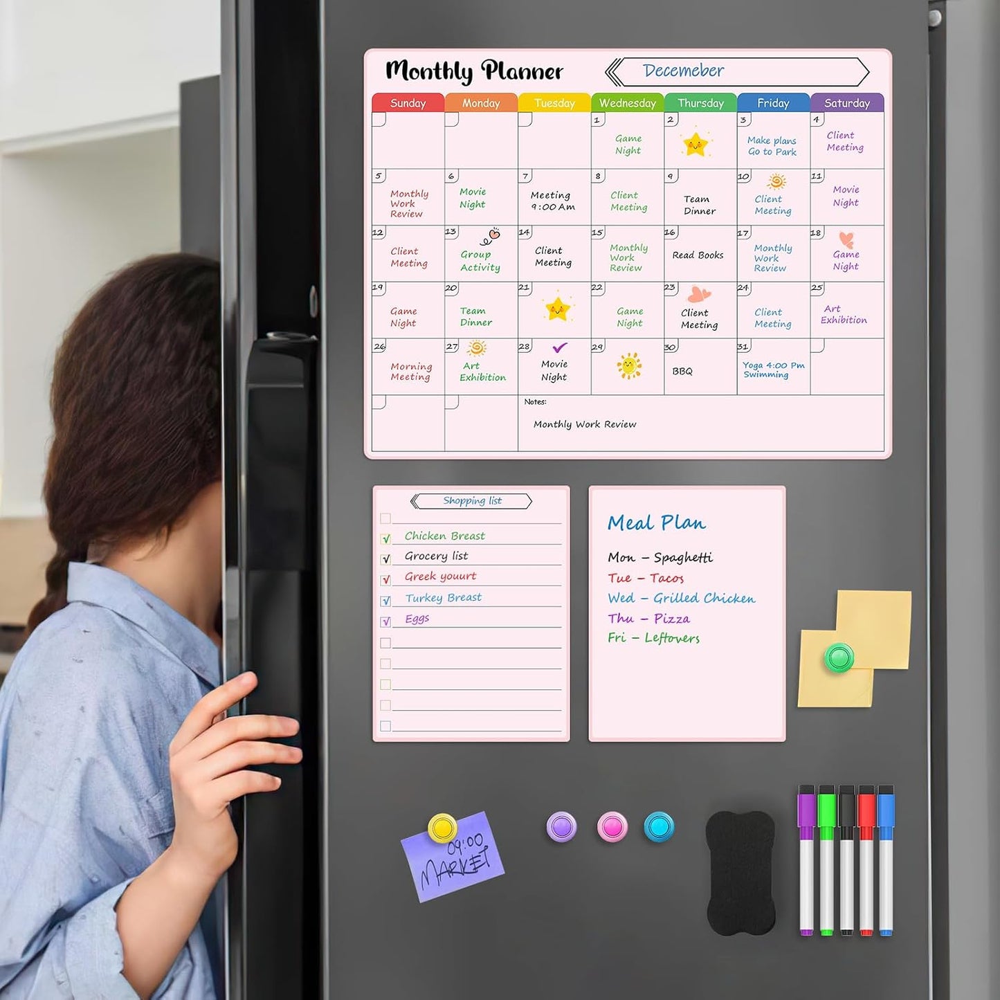 MaxGear 4 Pack Magnetic Dry Erase Board Calendar for Fridge, 15" x 11.5" | Strong Magnetic, Easy to Write and Clean, Dry Erase and No Stains, Includes List, Small Board, 5 Markers,5 Magnets,1 Eraser