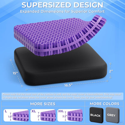 TushGuard Gel Seat Cushion for Long Sitting, Breathable Thick Patent Design | Enlarged Cooling Chair Pad for Office, Wheelchair, Soft Car Cushion for Back, Hip, Sciatica (Standard, Black+Violet)