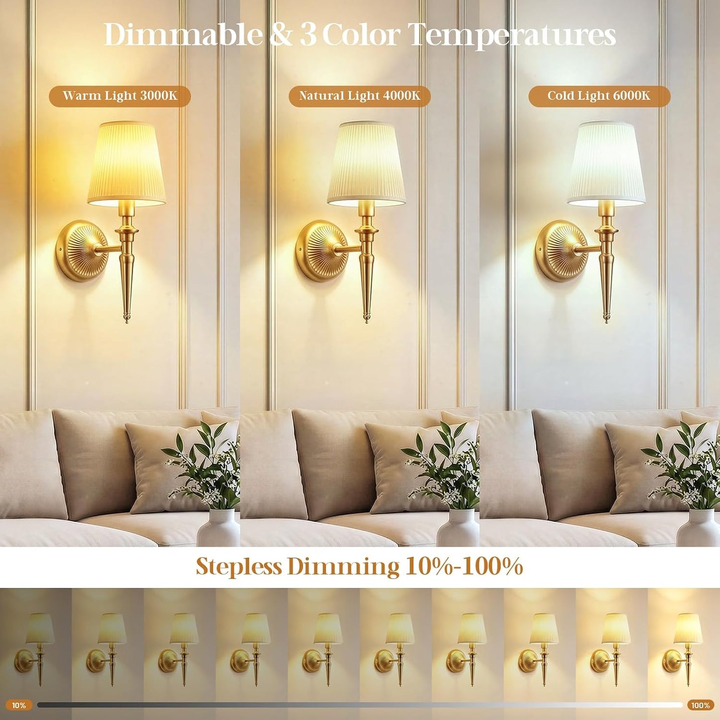 Battery Operated Wall Sconces Set of 2, Wireless Rechargeable Wall Lights with 12 RGB Colors and 3CCT Dimmable, Small Fabric LED Wall Lamps for Bedroom, Living Room, Hallway, Gold