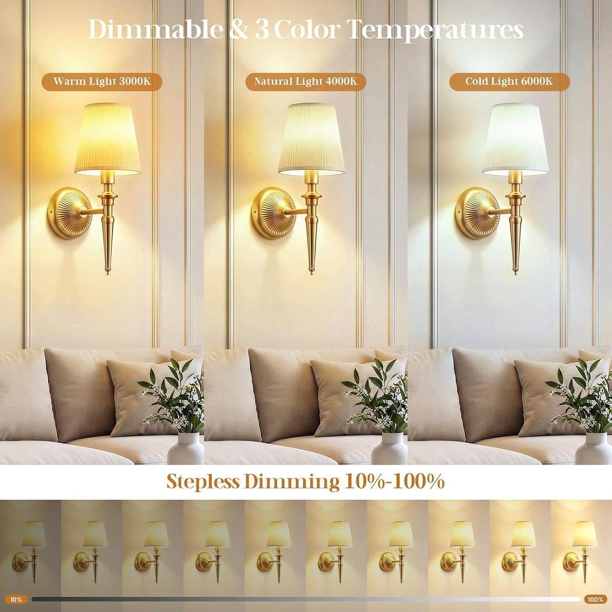 Battery Operated Wall Sconces Set of 2, Wireless Rechargeable Wall Lights with 12 RGB Colors and 3CCT Dimmable, Small Fabric LED Wall Lamps for Bedroom, Living Room, Hallway, Gold