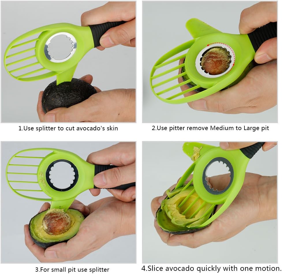 3 in 1 Avocado Slicer Tool and Saver Keeper,Avocado Pit Remover and Cutter as knife peeler scoop with Comfort-Grip Handle (Green-(Slicer+Saver))