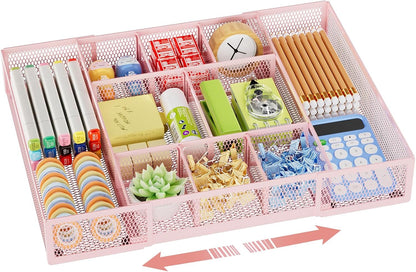 Marbrasse Expandable Desk Drawer Organizer, Mesh Drawer Organizer Tray with 10 Adjustable Compartments, Desk Organizers and Accessories, 5 Dividers Drawer for Office Supplies, Makeup & Vanity (Black)