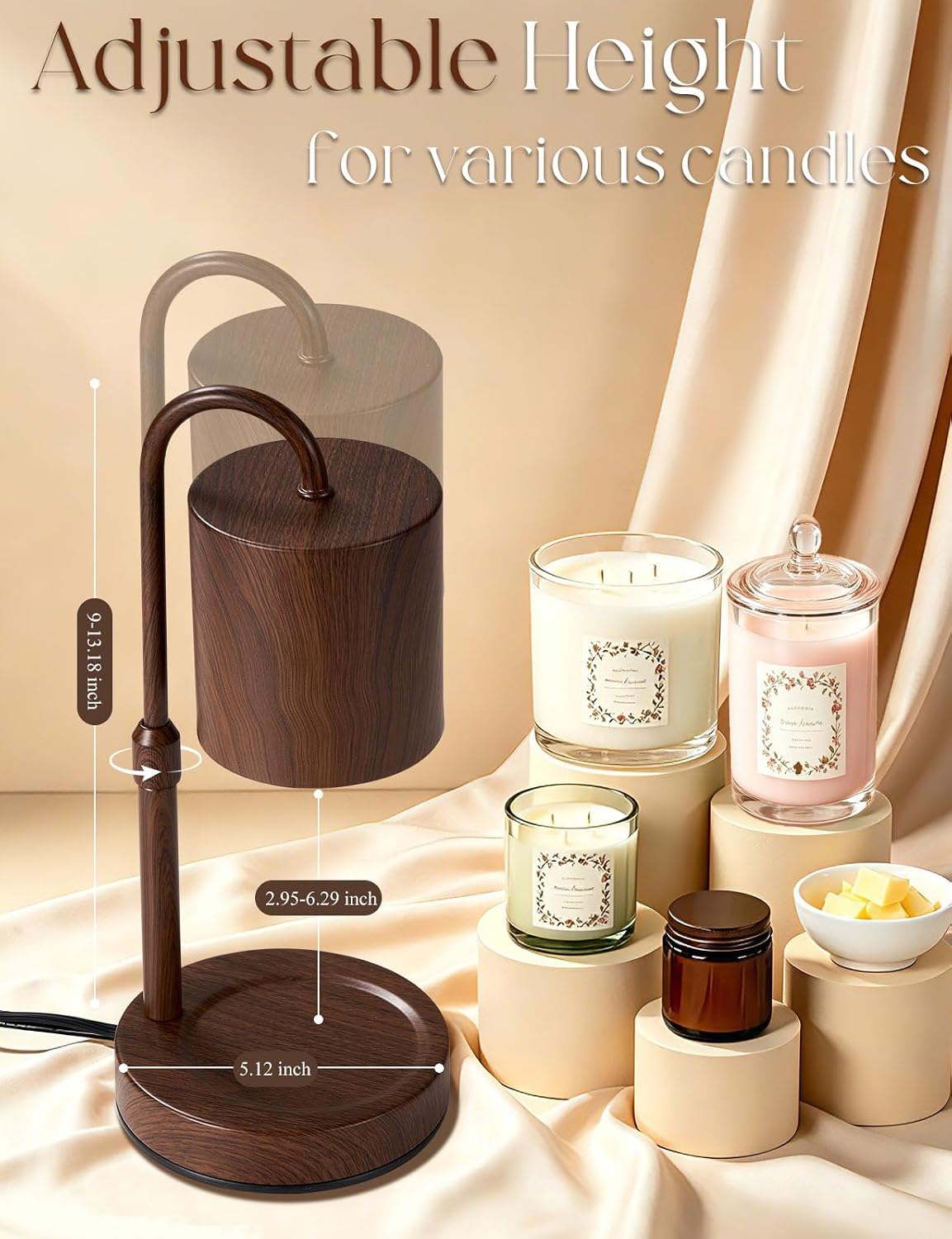 Briever Dimmable Candle Warmer Lamp with Timer, Height Adjustable Electric Candle Wax Warmer, Christmas Birthday Gifts for Women Mom, House Warming Gifts New Home Room Decor, Black Solid Wood Base