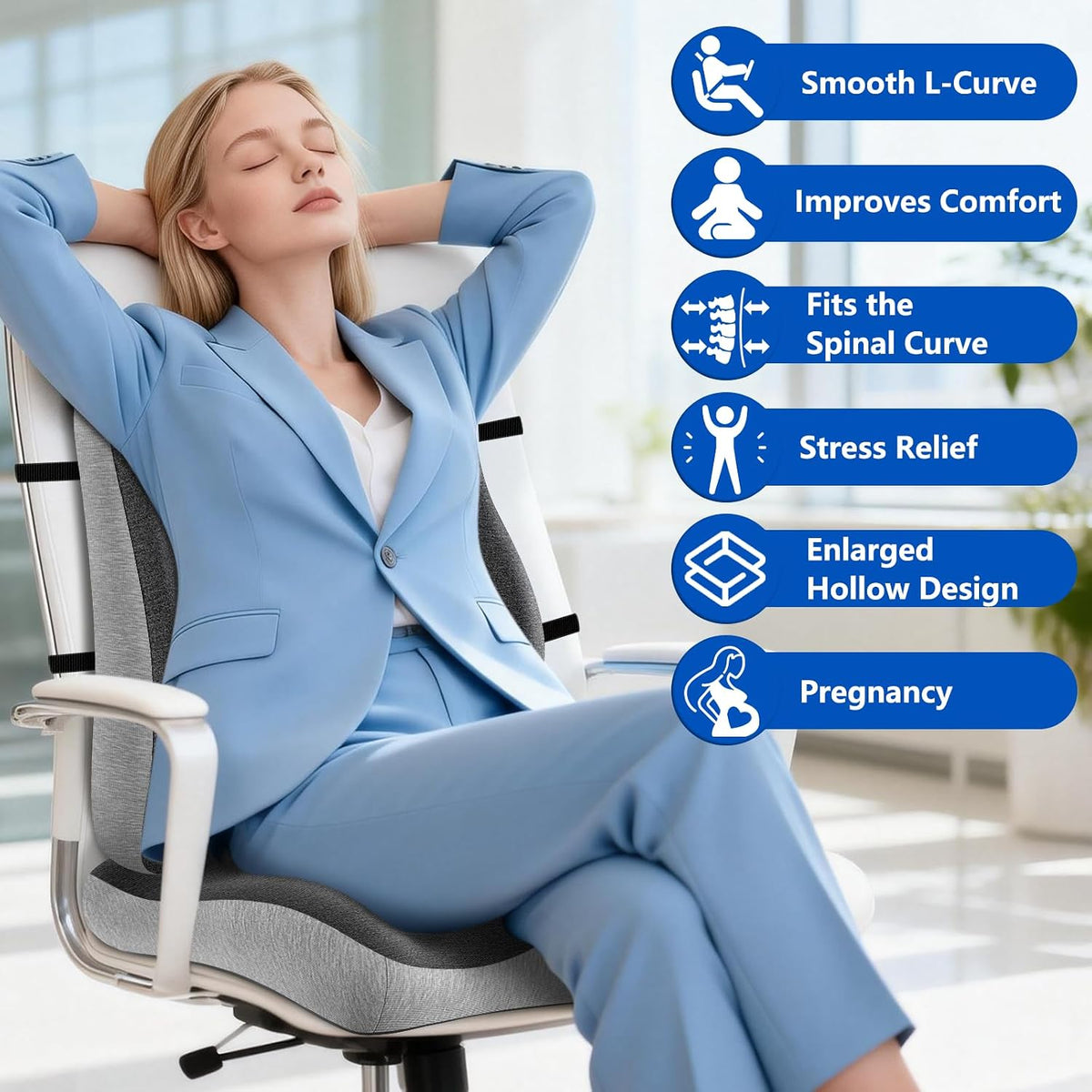 Lumbar Support Pillow for Office Chair,Seat Cushion with Back Support,Office Chair Cushion for Tailbone Pain,Sciatica and Hemorrhoid Relief (Black)