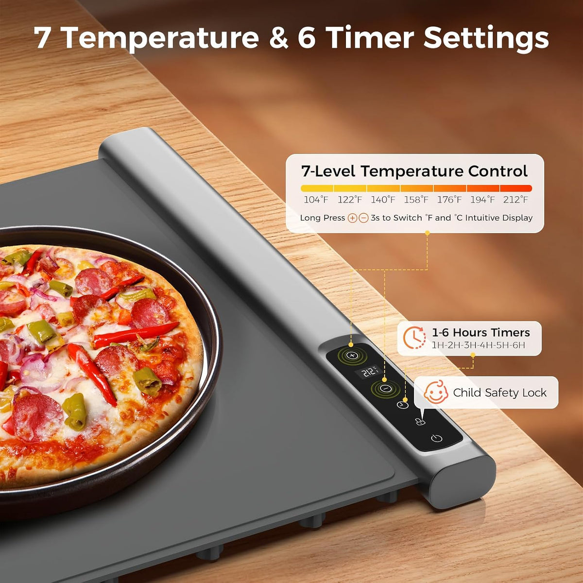 3-in-1 Expandable Warming Mat for Food, 7 Temp & 6H Timer, 54" x 16", Gray