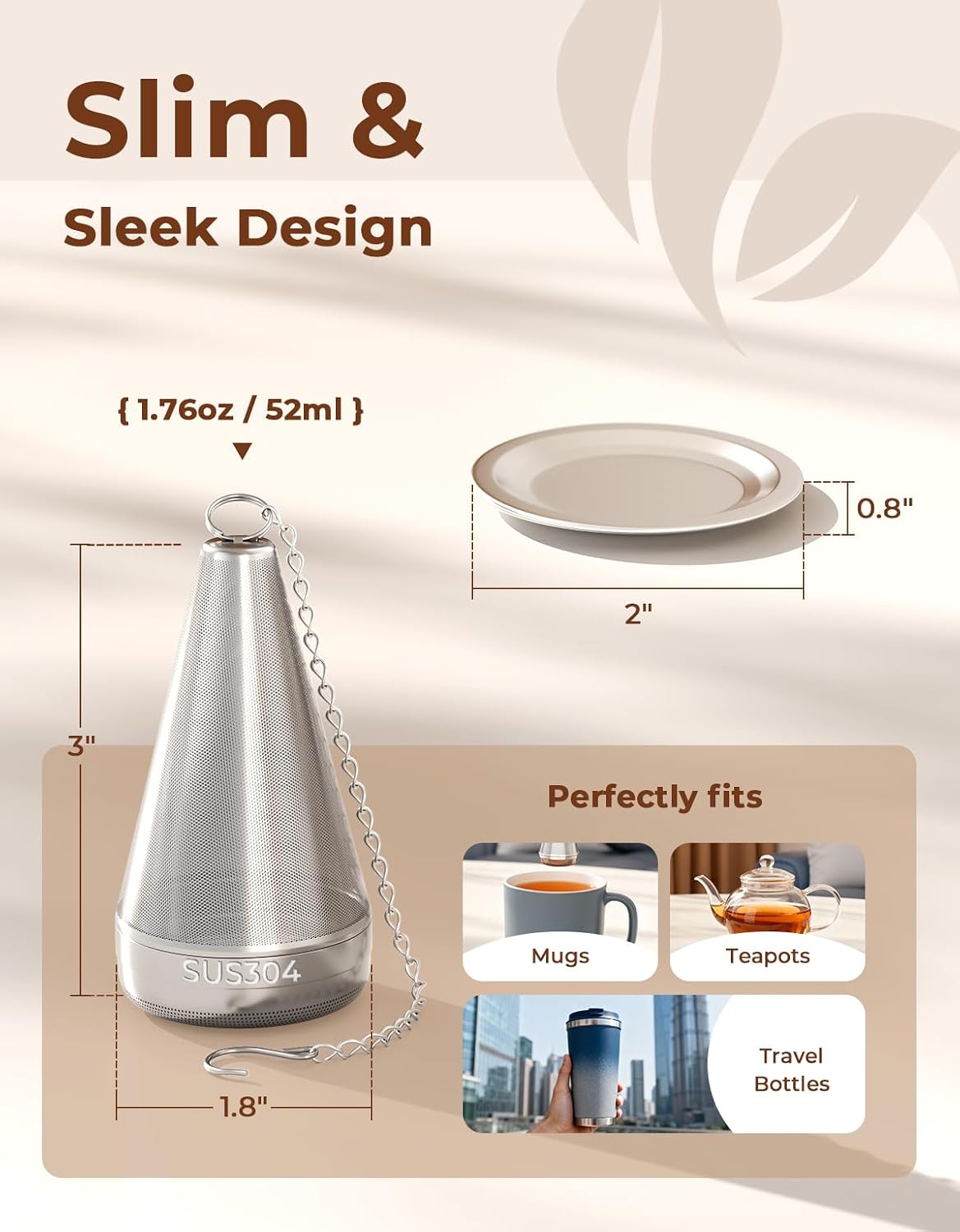 304 Stainless Steel Tea Strainer Fine Mesh Tea Infuser for Loose Leaf Tea | Feelife Cone Loose Leaf Tea Steeper with a Drip Tray, Tea Ball for Cup Mug Teapot Bottle Kettle