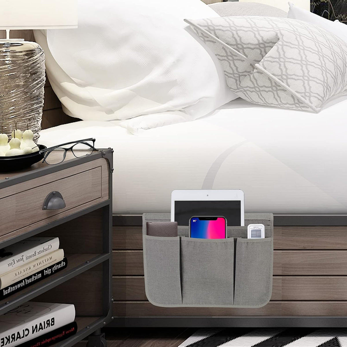 Bedside Caddy Bedside Storage Organizer Magazine Phone Tablet iPad Remote Holder, Organizer Caddy for Home College Dorm Bed, Sofa, Bunk Bed (Grey)