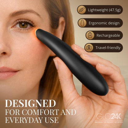 GLO24K Heated Eye Wand & Eye Massager Tool - Gentle Warmth & Vibration for Smoother-Looking Skin, Refreshing Under-Eyes Massage, Portable Beauty Device