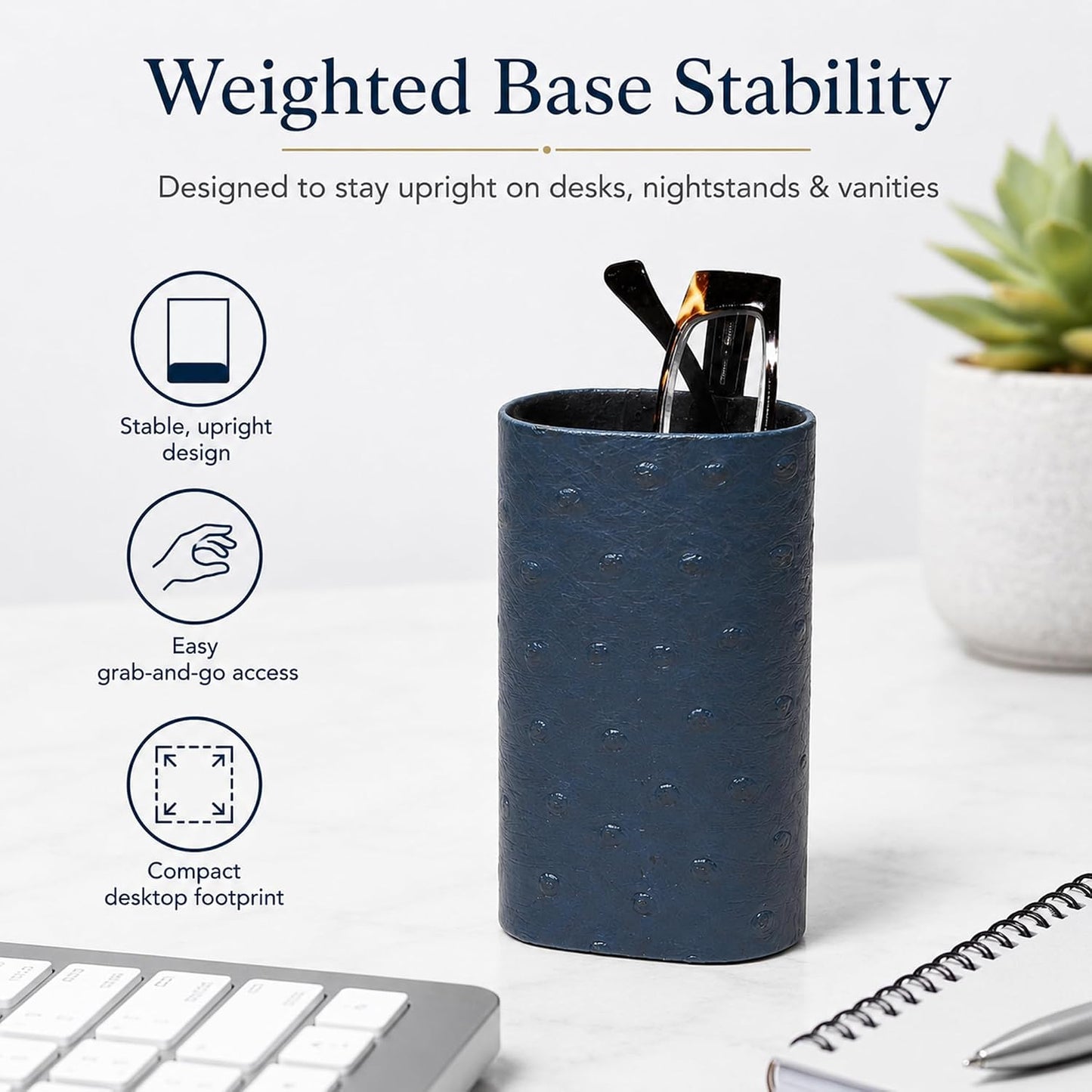 Calabria Desktop Eye Glasses Holder Soft Lining Weighted Base Eyeglasses Stand Case Desks Nightstands PU Leather Mens Womens