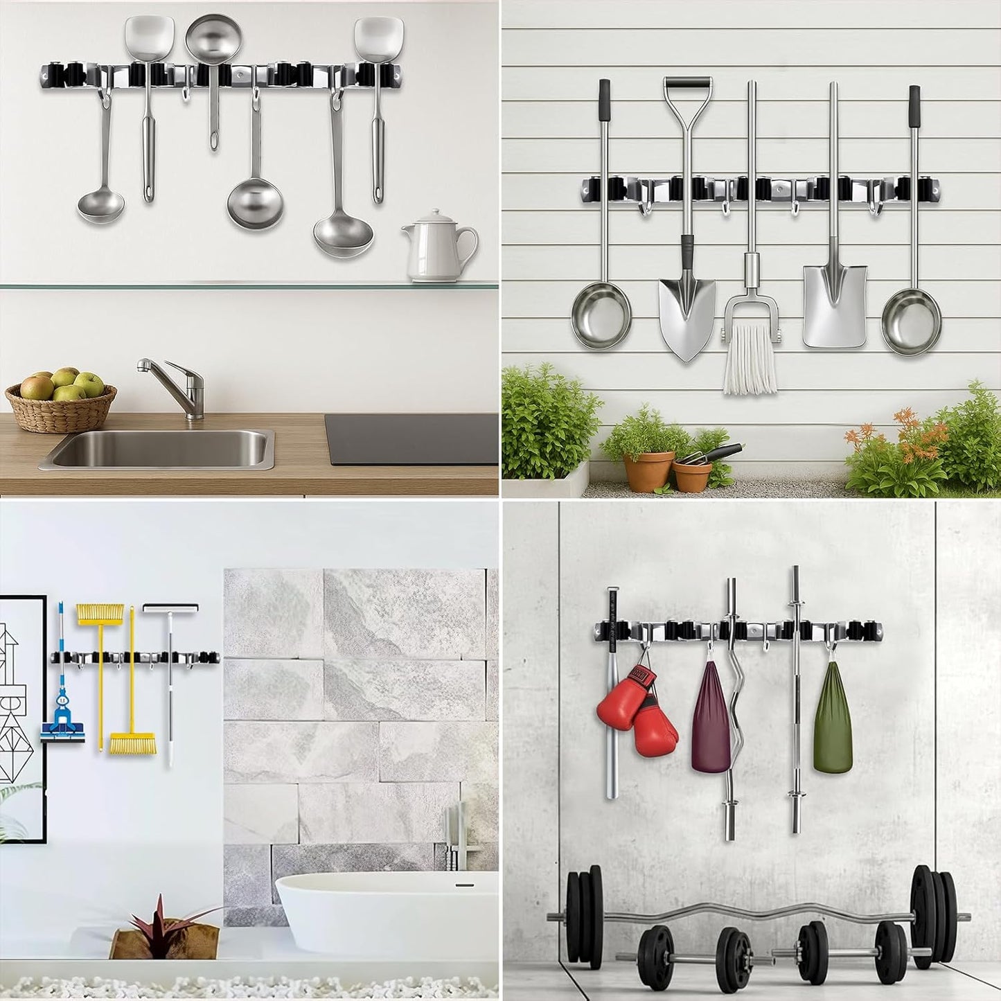 SUS304 5 Racks and 4 Hooks Mop and Broom Holder Wall Mount | Heavy Duty Self Adhesive Solid Non-slip Broom Organizer Storage Tool Racks for Home Kitchen Garden Laundry Garage