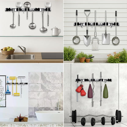 SUS304 5 Racks and 4 Hooks Mop and Broom Holder Wall Mount | Heavy Duty Self Adhesive Solid Non-slip Broom Organizer Storage Tool Racks for Home Kitchen Garden Laundry Garage