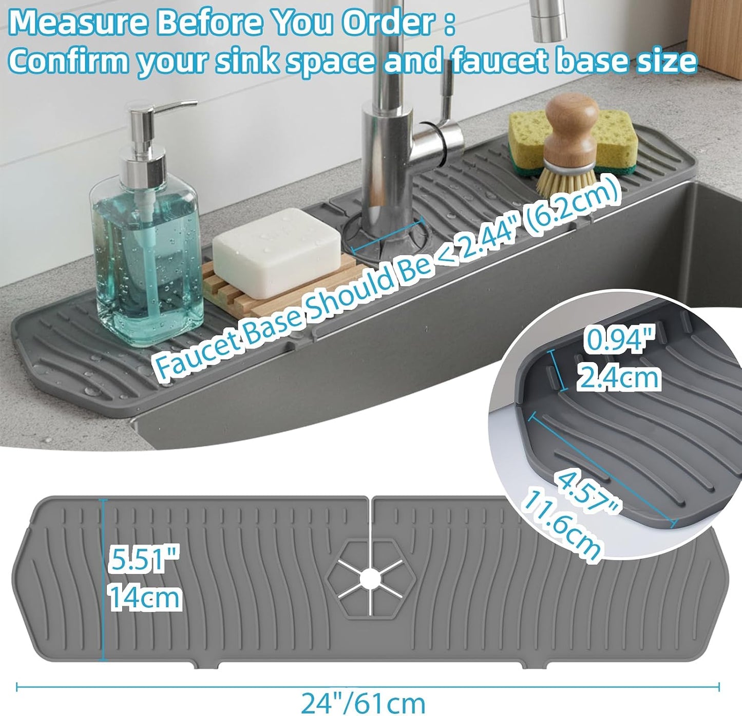 Silicone Faucet Handle Drip Catcher Drying Tray Mat Dish Soap Sponge Holder Accessories Gadgets for Kitchen Counter Bathroom Kitchen Sink Splash Guard (Gray, 24")