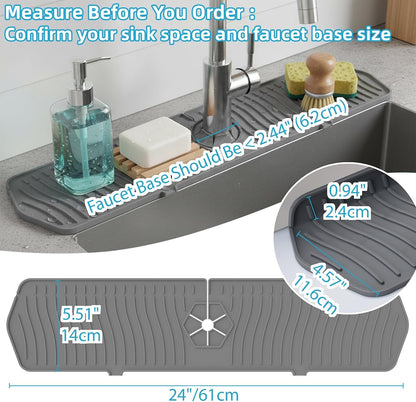 Silicone Faucet Handle Drip Catcher Drying Tray Mat Dish Soap Sponge Holder Accessories Gadgets for Kitchen Counter Bathroom Kitchen Sink Splash Guard (Gray, 24")