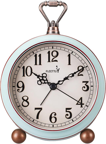 FLOITTUY 4.5" Battery Operated Antique Retro Analog Metal Alarm Clock, Silent Bedside Desk Clock, Wall-Hanging Vintage Clock(Exquisite Bronze)